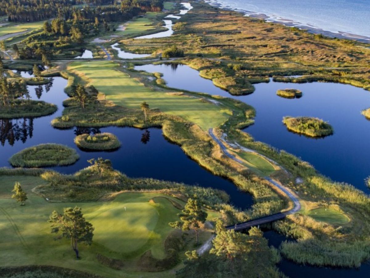 Pärnu Bay Golf Links - aerial view of the links course with fescue rough and the Baltic Sea