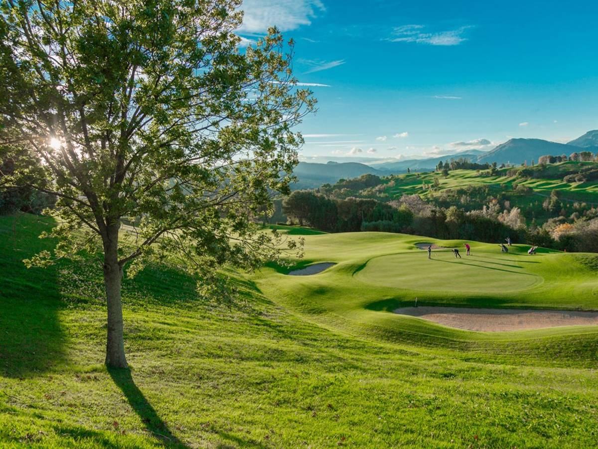 A fairway at Basozabal Golf Club rising toward the Basque mountains near San Sebastián, framed by a mature tree in the foreground