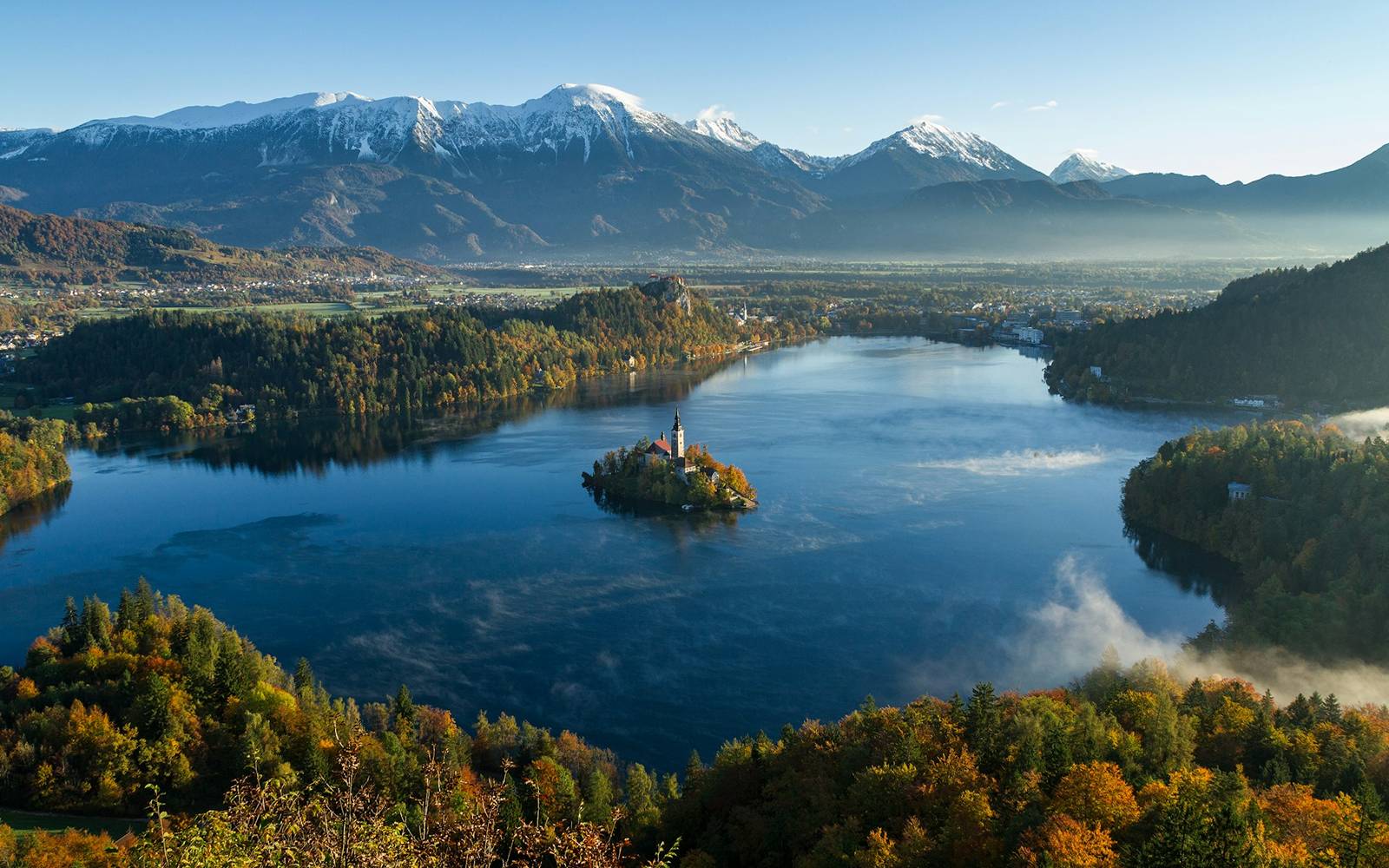 Aerial view of Lake Bled with the Julian Alps in the background
