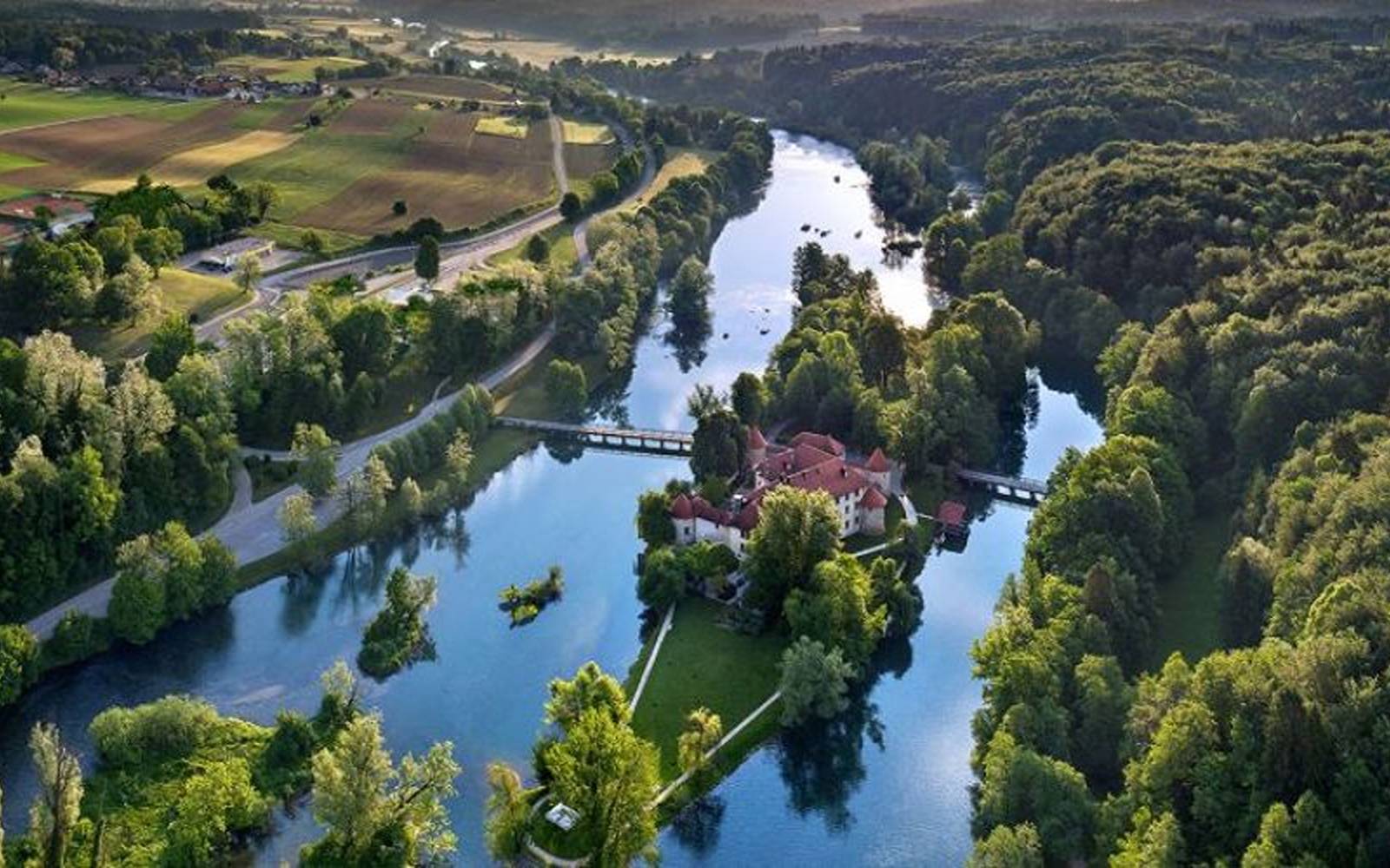 Aerial view of Otocec Castle in Slovenia